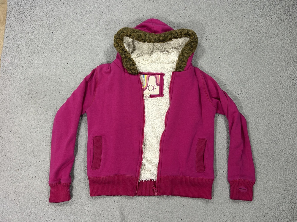 Y2K Op Hoodie Girl Medium Pink Sherpa Lined Faux Fur Hood Full Zip Winter Fleece